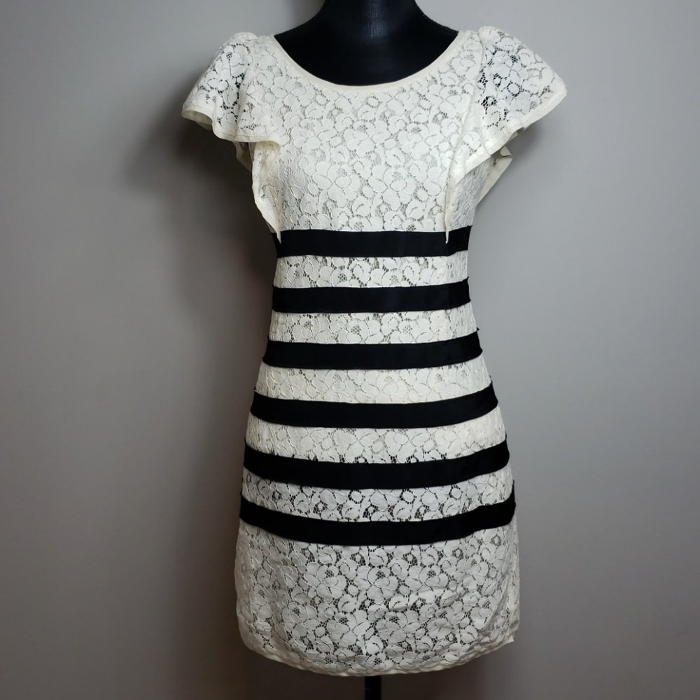 BCBGMaxAzria Womens Floral Lace Black Stripe Dress